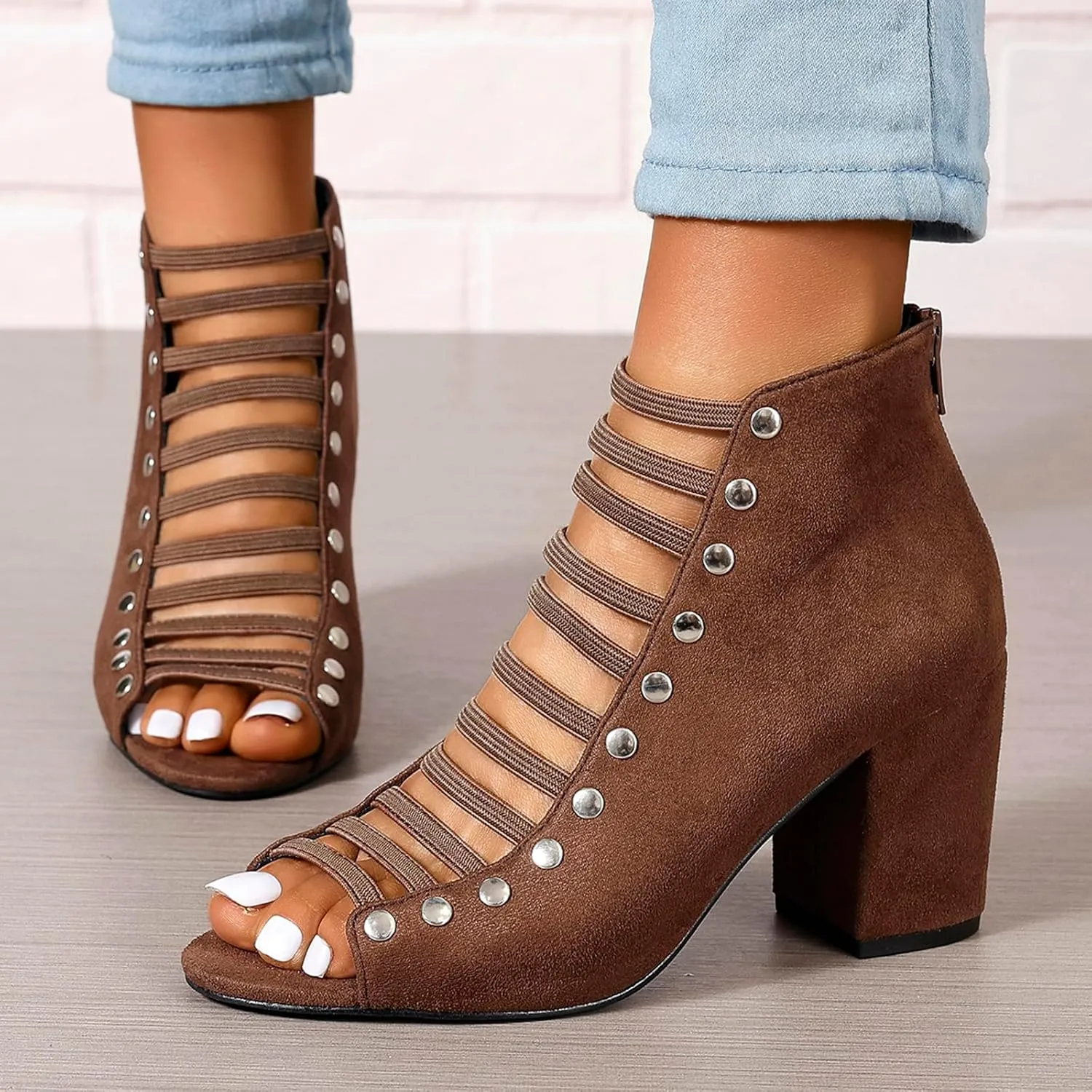 Women's Peep Toe High Chunky Heel Sandals Faux Suede Cutout High Heel Party Dress Booties