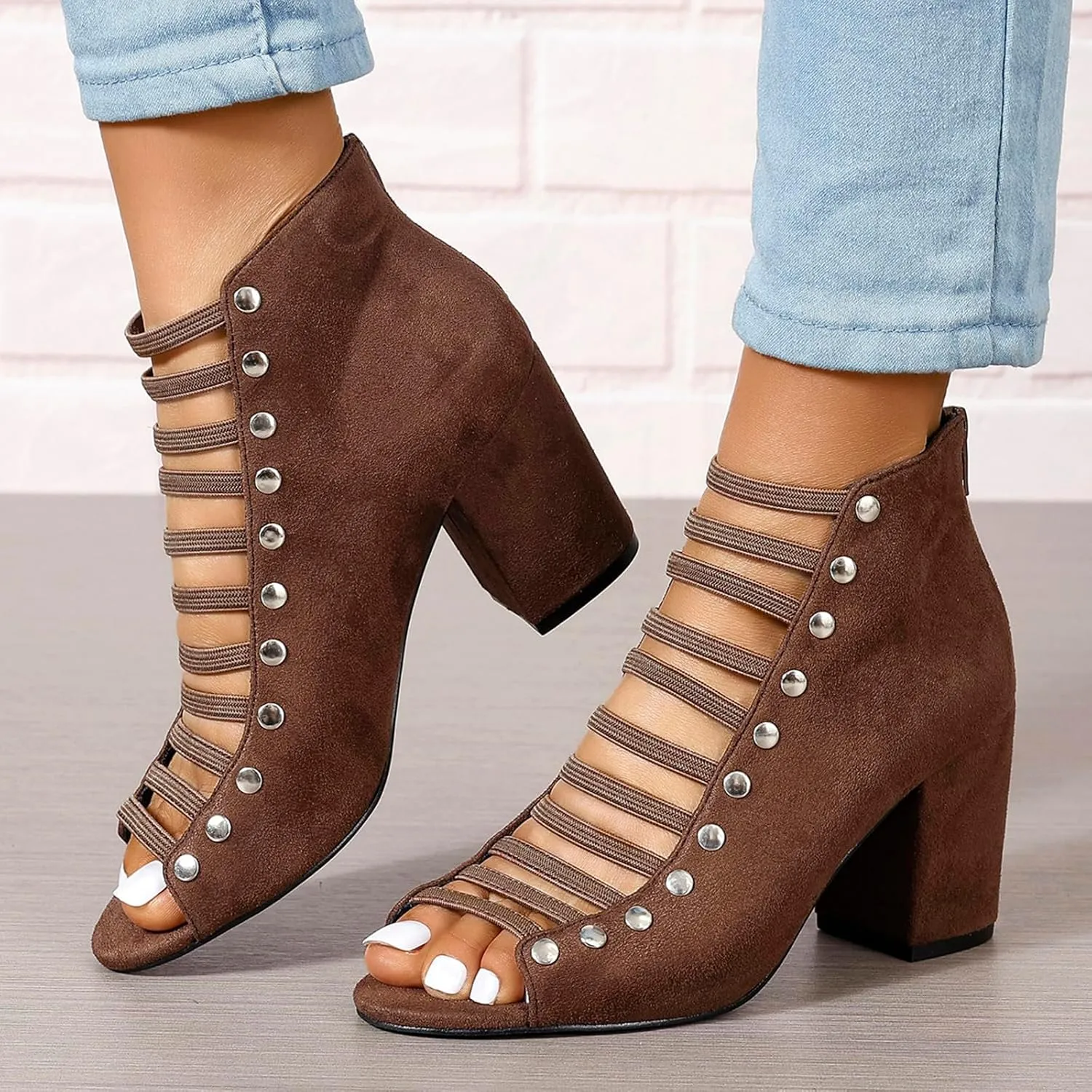 Women's Peep Toe High Chunky Heel Sandals Faux Suede Cutout High Heel Party Dress Booties