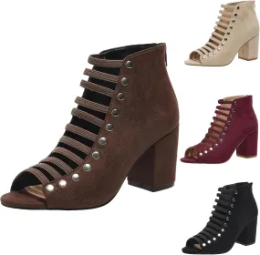 Women's Peep Toe High Chunky Heel Sandals Faux Suede Cutout High Heel Party Dress Booties