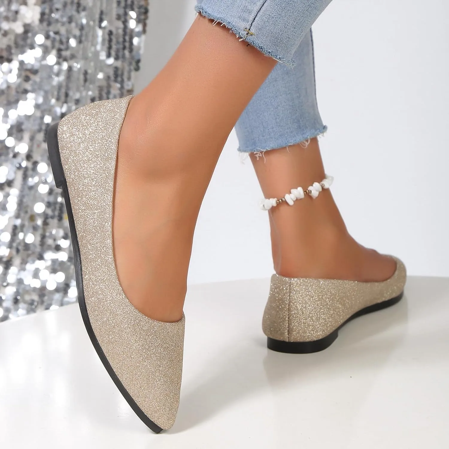 Womens Rhinestone Shoes Pointed Toe Dress Flats Casual Flats Shoes Slip On Loafers Casual Dress Shoes Wedding Shoes
