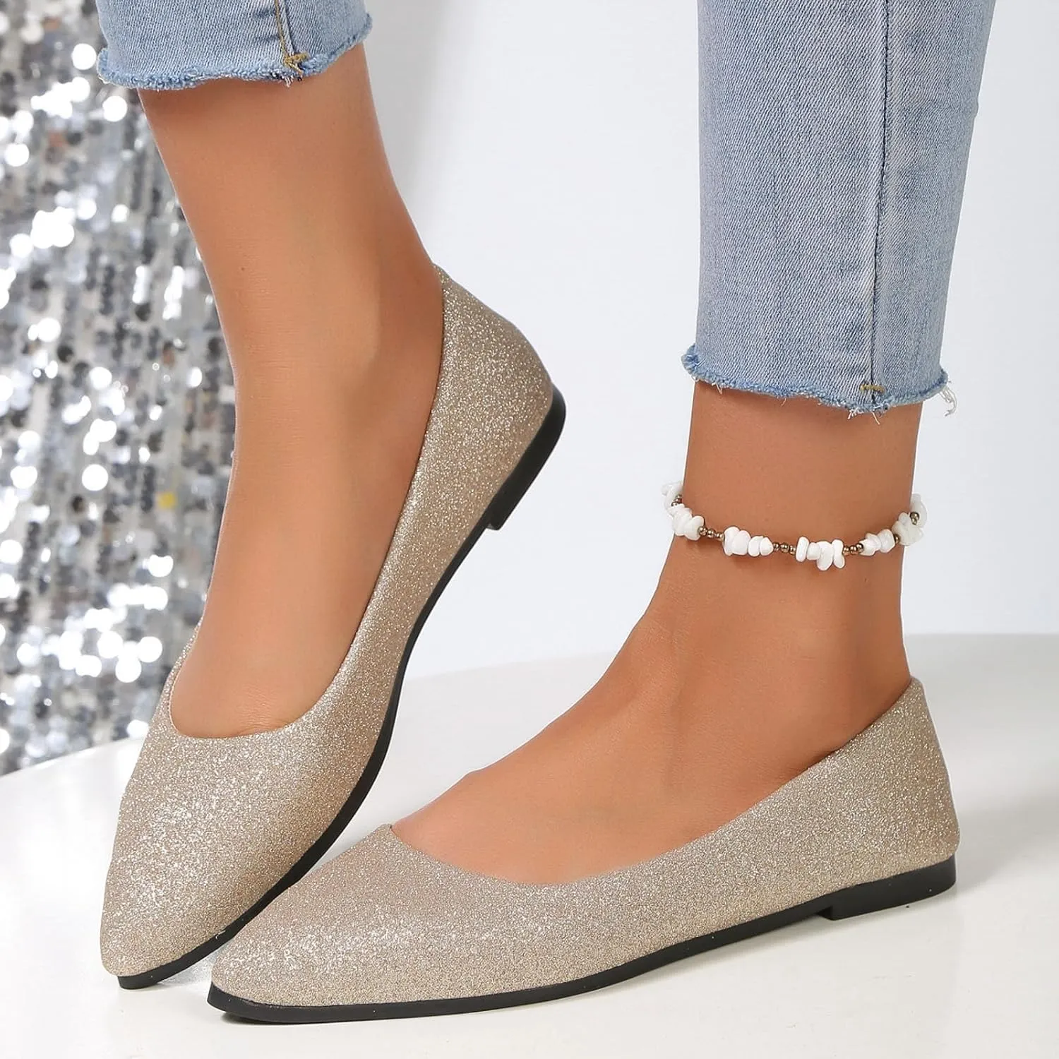 Womens Rhinestone Shoes Pointed Toe Dress Flats Casual Flats Shoes Slip On Loafers Casual Dress Shoes Wedding Shoes