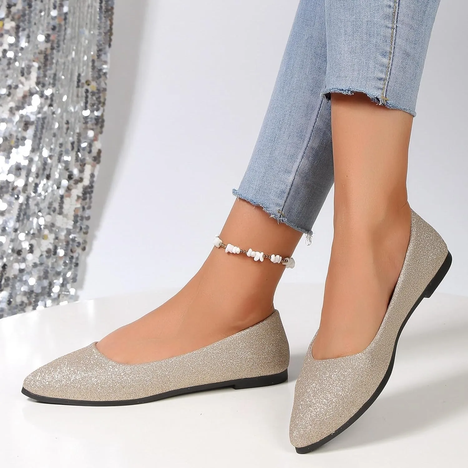 Womens Rhinestone Shoes Pointed Toe Dress Flats Casual Flats Shoes Slip On Loafers Casual Dress Shoes Wedding Shoes