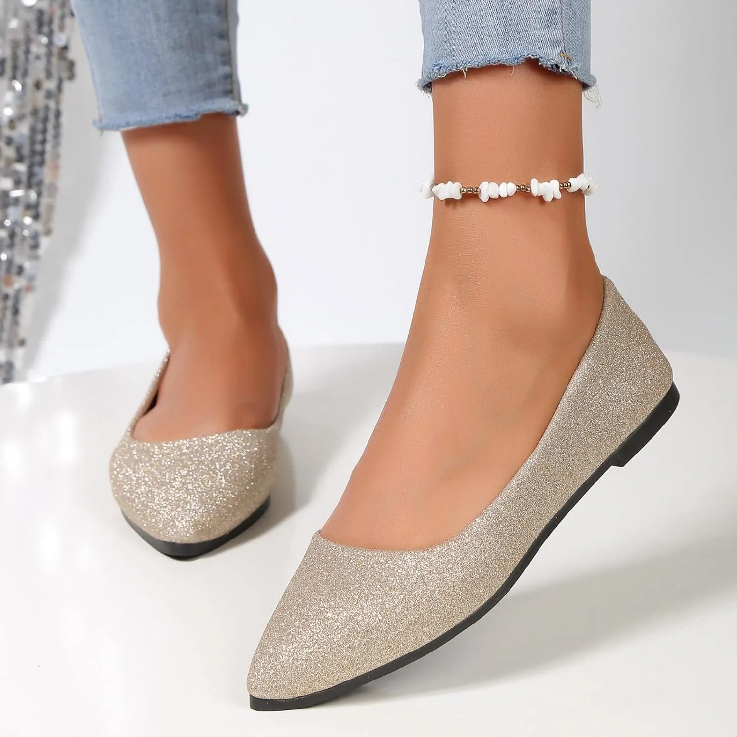 Womens Rhinestone Shoes Pointed Toe Dress Flats Casual Flats Shoes Slip On Loafers Casual Dress Shoes Wedding Shoes