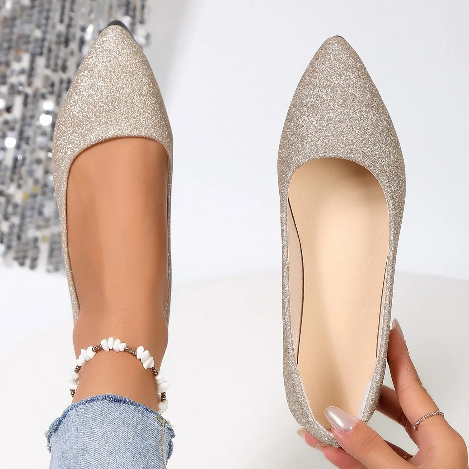 Womens Rhinestone Shoes Pointed Toe Dress Flats Casual Flats Shoes Slip On Loafers Casual Dress Shoes Wedding Shoes